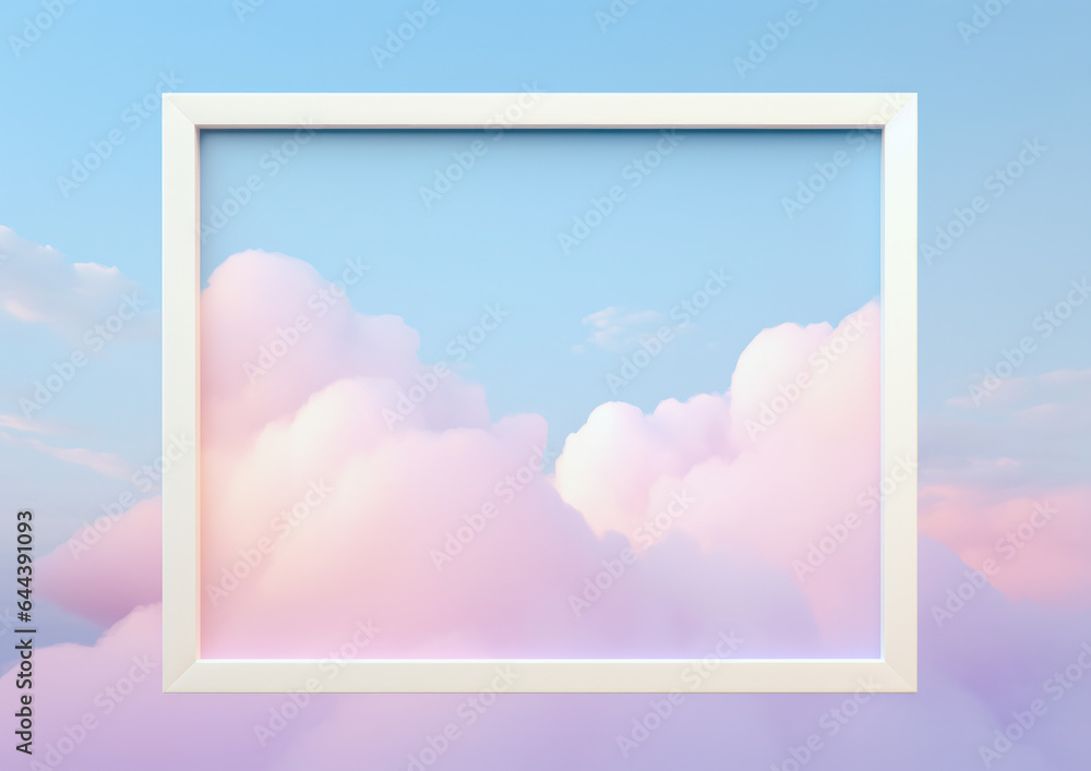 Naklejka premium A large picture frame or white frame with copy space of soothing iridescent pastel blue and pink colors, clouds and pleasant irregular shapes. Generative AI.