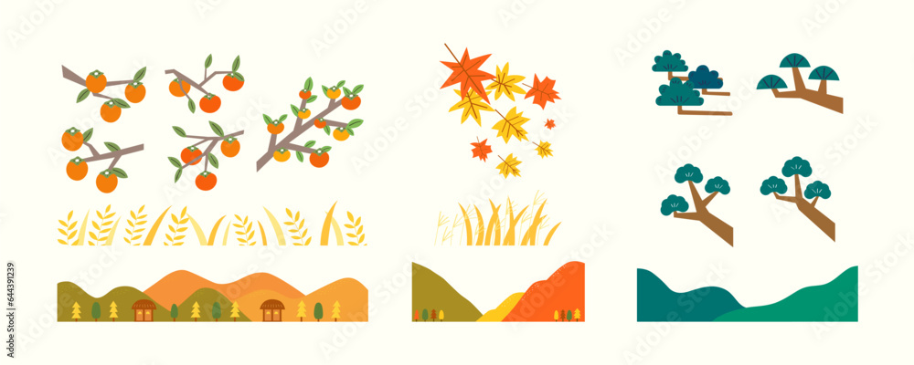 set of plant, tree and mountain for chuseok