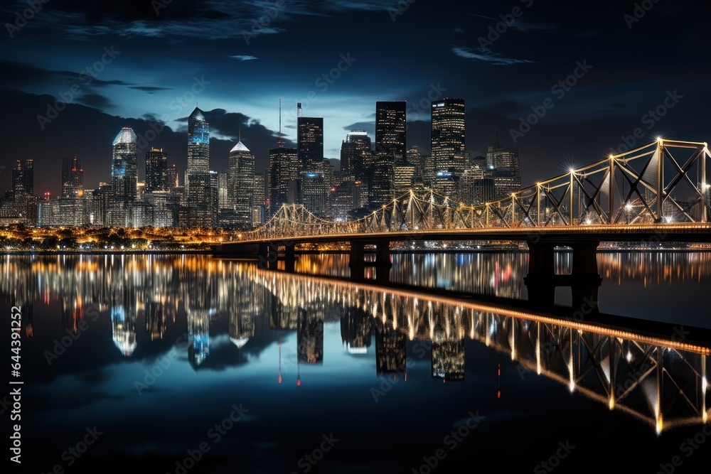 Obraz premium A skyline picture of a city with a reflection in the water.