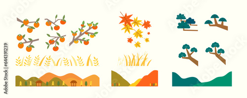 Chuseok autumn nature elements. Persimmon tree, maple leaves, mountain and field vector set