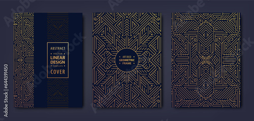 Set of vector art deco, gatsby golden covers. Trendy graphic poster, brochure, design, packaging, branding. Geometric shapes, ornaments, elements.