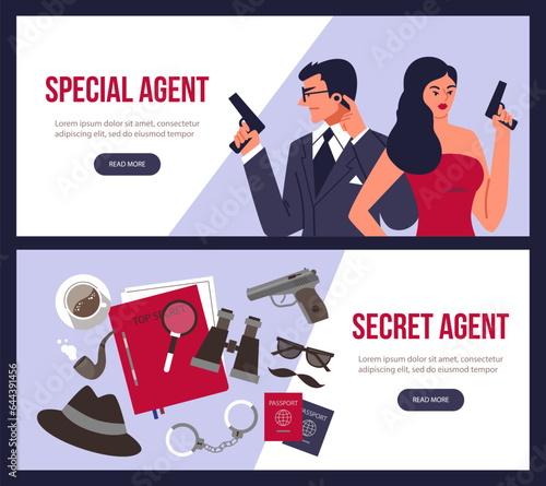 Set vector flyers advertising, Special secret agents couple armed with a pistol, spy accessories binoculars, documents