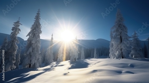 Winter beautiful mountain landscape with trees covered hoarfrost, wooden house and bright sunlights.