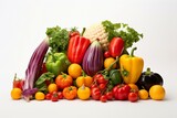 Assorted colorful vegetables, including vine tomatoes, displayed on a white background. Generative AI