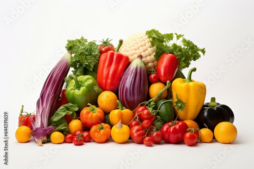 Assorted colorful vegetables, including vine tomatoes, displayed on a white background. Generative AI