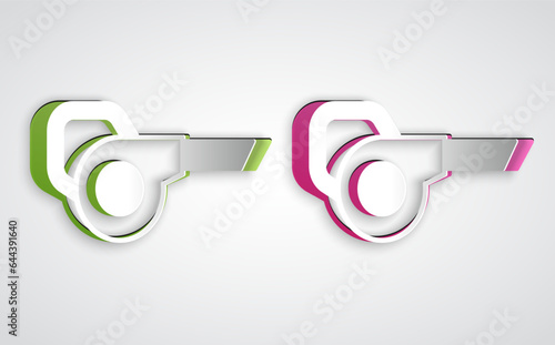 Paper cut Leaf garden blower icon isolated on grey background. Paper art style. Vector