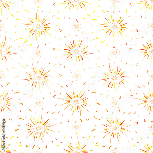 Seamless pattern with colorful doodle decorative elements, abstract circles and stripes, floral pattern and sun rays on white background