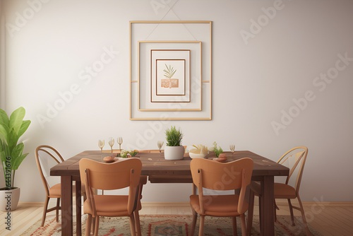 Mock up frame in cozy boho dining room interior background  3d render