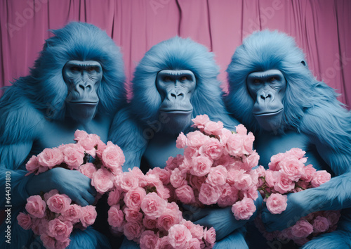 Three blue gorillas dressed in silk like humans posing with pink flowers in their hands. Soothing shades of pink and teal. Generative AI.