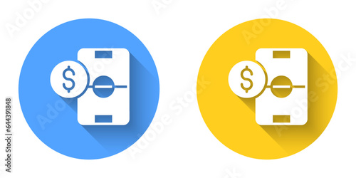 White Soccer football betting money icon isolated with long shadow background. Football bet bookmaker. Soccer betting online make money. Circle button. Vector