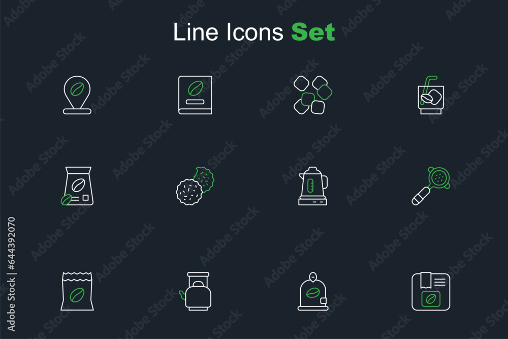 Set line Bag of coffee beans, Kettle with handle, Coffee filter holder, Electric kettle, Cookie or biscuit and icon. Vector Set line Bag of coffee beans, Kettle with handle, Coffee filter holder, Electric kettle, Cookie or biscuit and icon. Vector