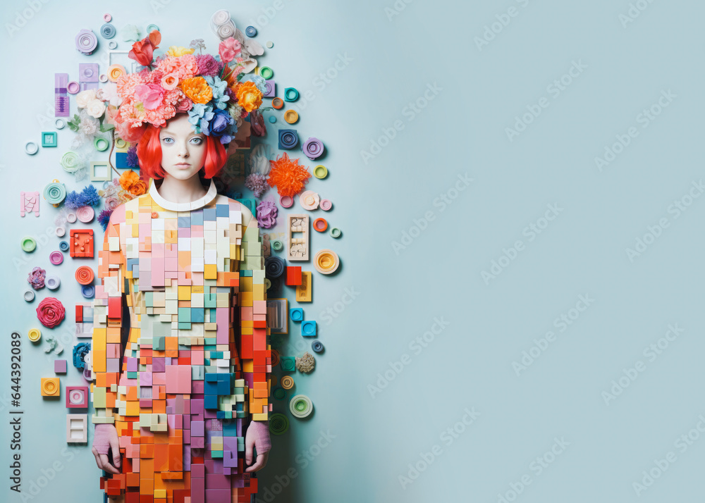 A girl covered with various colorful tiles and ornaments on a minimal pastel turquoise background with a large copy space on the right side. Complex personality concept. Generative AI.