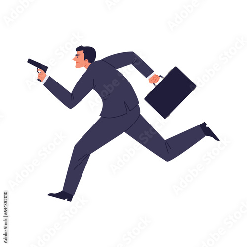 Special secret agent running with a gun and briefcase, private detective armed pursuit mission flat vector illustration