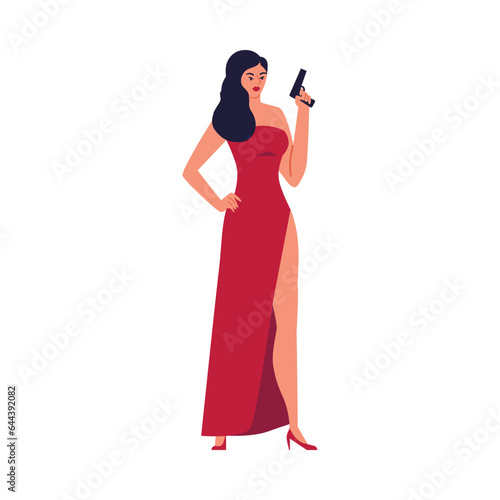 Beautiful sexy brunette woman in red dress armed with a pistol, special secret agent on mission flat vector illustration