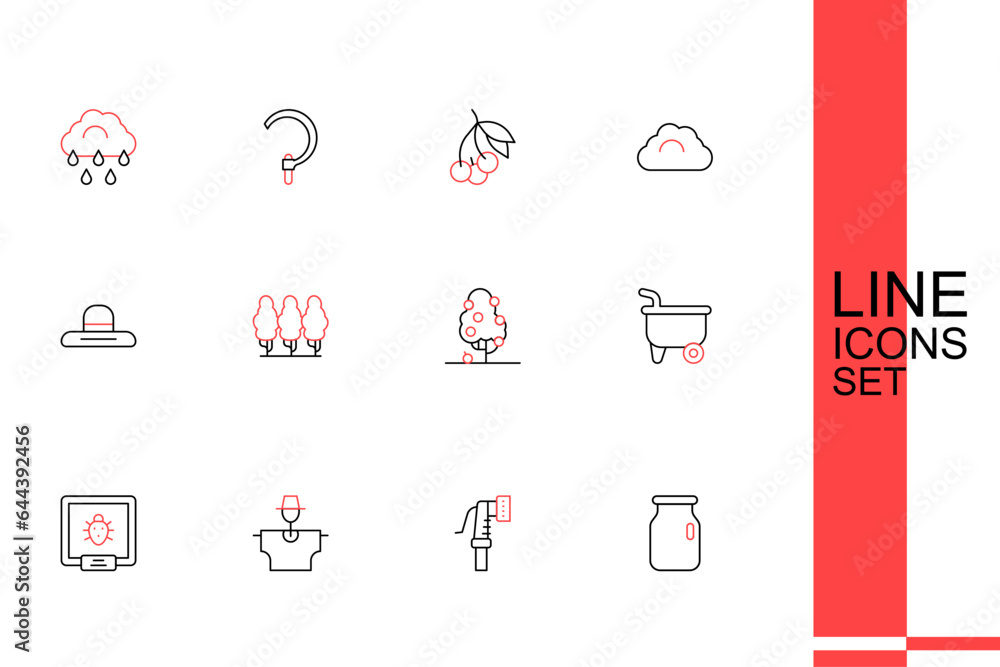 Set line Glass jar with screw-cap, Garden hose, Scarecrow, Colorado beetle, Wheelbarrow, Fruit tree, trees and Farmer worker hat icon. Vector Set line Glass jar with screw-cap, Garden hose, Scarecrow, Colorado beetle, Wheelbarrow, Fruit tree, trees and Farmer worker hat icon. Vector