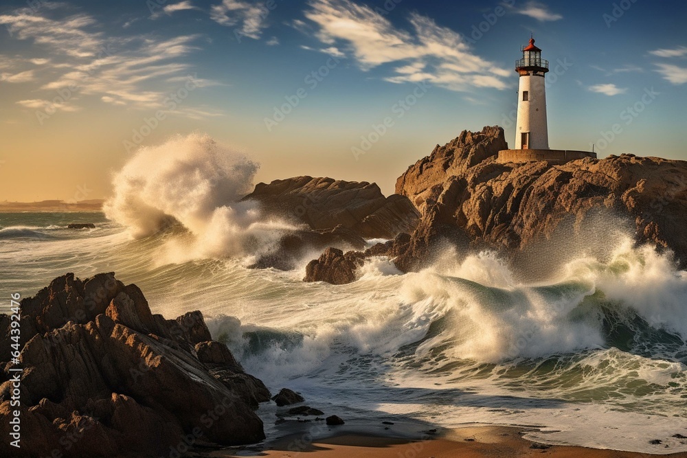 Rugged coastal landscape, powerful waves, iconic lighthouse, soaring seagull - Diaz Point, Luderitz, Namibia. Generative AI
