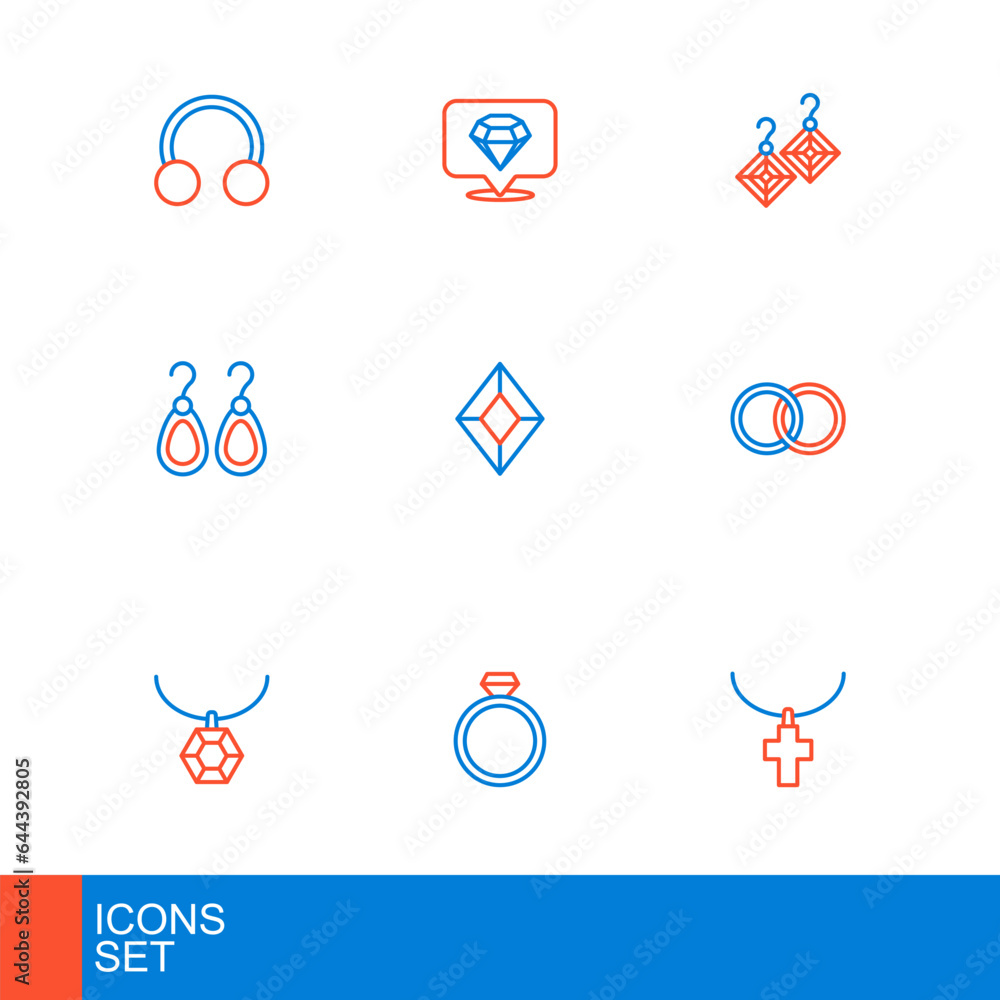 Set line Christian cross on chain, Diamond engagement ring, Pendant necklace, Wedding rings, Earrings, Gem stone, and icon. Vector Set line Christian cross on chain, Diamond engagement ring, Pendant necklace, Wedding rings, Earrings, Gem stone, and icon. Vector
