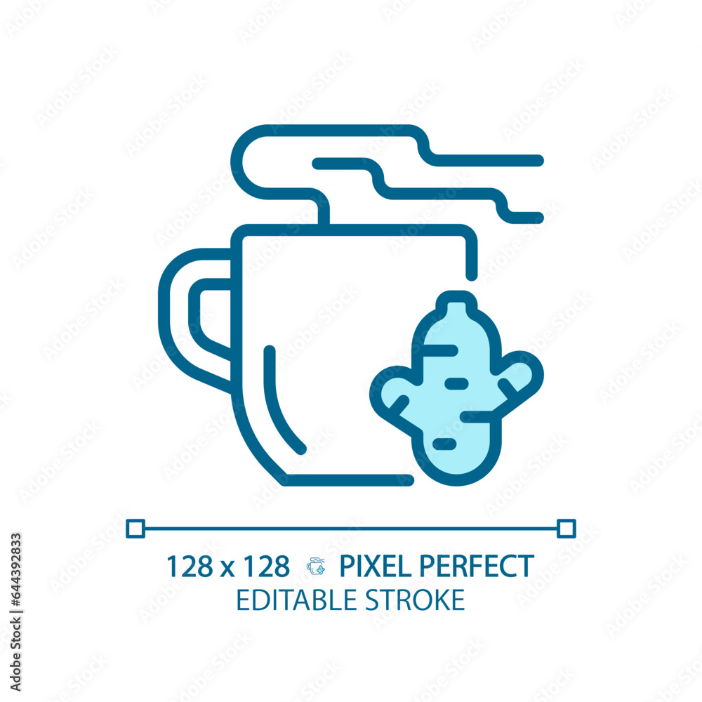 Fototapeta premium 2D pixel perfect editable blue ginger tea icon, isolated vector, thin line illustration representing allergen free.