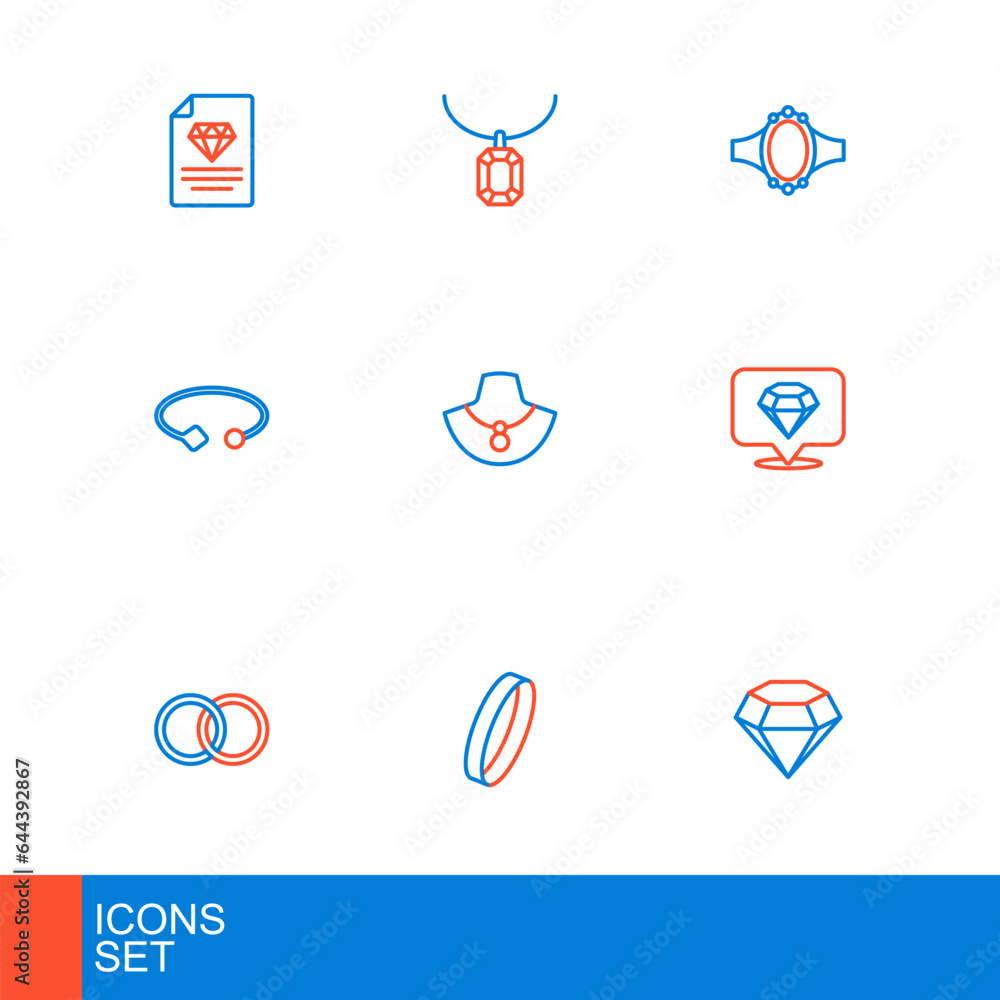 Set line Diamond, Wedding ring, rings, Bracelet jewelry, Necklace mannequin, engagement and Pendant necklace icon. Vector Set line Diamond, Wedding ring, rings, Bracelet jewelry, Necklace mannequin, engagement and Pendant necklace icon. Vector