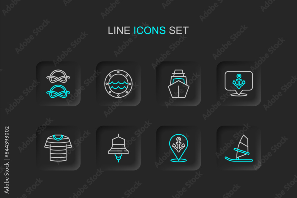 Set line Windsurfing, Location with anchor, Ship bell, Striped sailor t-shirt, Anchor, Yacht sailboat, porthole and Nautical rope knots icon. Vector Set line Windsurfing, Location with anchor, Ship bell, Striped sailor t-shirt, Anchor, Yacht sailboat, porthole and Nautical rope knots icon. Vector