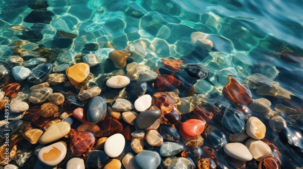 Top view, light pebbles on the seashore, water coming in Top view, light pebbles on the seashore, water coming in