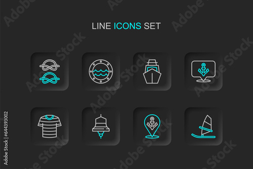 Set line Windsurfing, Location with anchor, Ship bell, Striped sailor t-shirt, Anchor, Yacht sailboat, porthole and Nautical rope knots icon. Vector