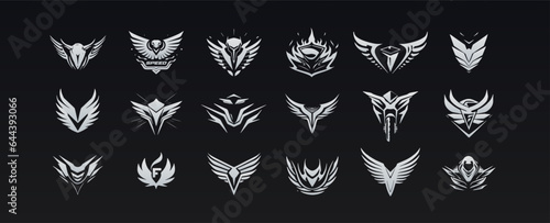 Wing emblem set, elegant and dynamic logo concept collection with feature sharp angles for graphic novels, sports teams, cutting-edge design. Vector icons.