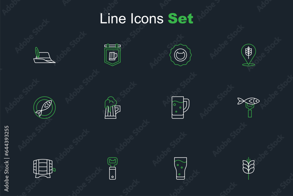 Set line Wheat, Glass of beer, Bottle opener, Wooden barrel on rack, Dried fish, mug and icon. Vector Set line Wheat, Glass of beer, Bottle opener, Wooden barrel on rack, Dried fish, mug and icon. Vector