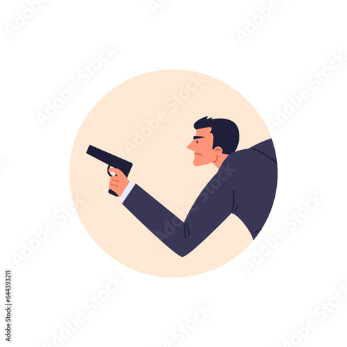 Special secret agent in dark formal suit armed with pistol, private detective aiming weapon vector illustration in round