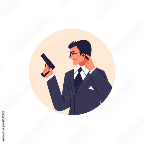 Special secret agent armed with pistol, private detective eavesdrops and spies flat vector illustration in round frame