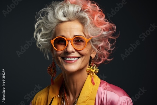 Happy senior woman smiling, posing on grey background. Portrait of smiling mature woman with glasses.