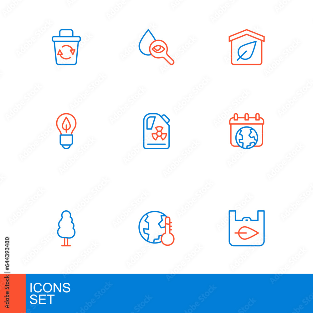 Set line Shopping bag with recycle, Earth melting to global warming, Tree, World day, Light bulb leaf, Radioactive waste barrel, Eco friendly house and Drop and magnifying glass icon. Vector Set line Shopping bag with recycle, Earth melting to global warming, Tree, World day, Light bulb leaf, Radioactive waste barrel, Eco friendly house and Drop and magnifying glass icon. Vector