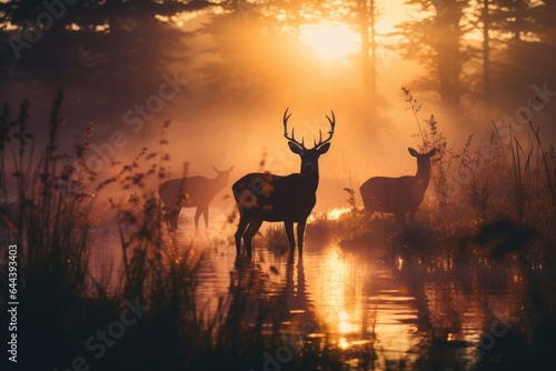 Landscape silhouette of a flock of deer at sunset