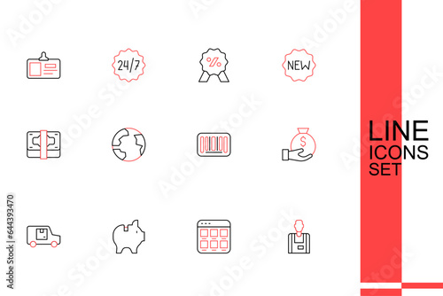 Set line Seller, Online shopping on screen, Piggy bank, Delivery cargo truck, Money bag, Barcode, Worldwide and Stacks paper money cash icon. Vector