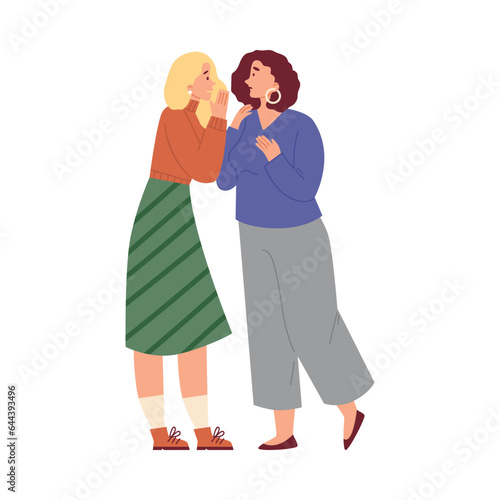 Women gossiping, whispering in ear, flat vector illustration isolated on white background.