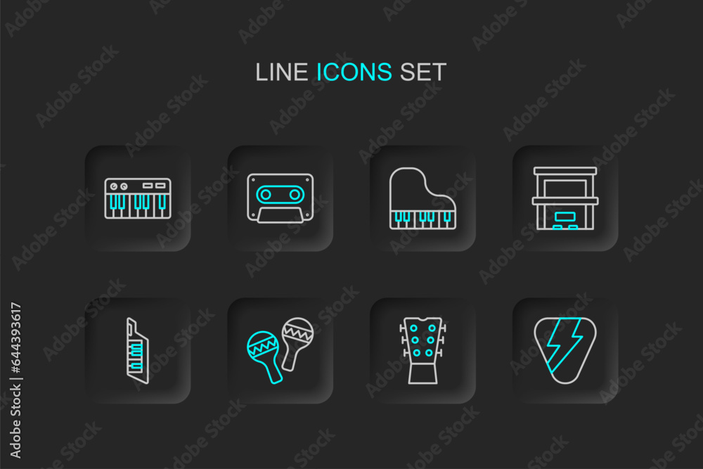 Set line Guitar pick, neck, Maracas, Keytar, Piano, Grand piano, Retro audio cassette tape and Music synthesizer icon. Vector