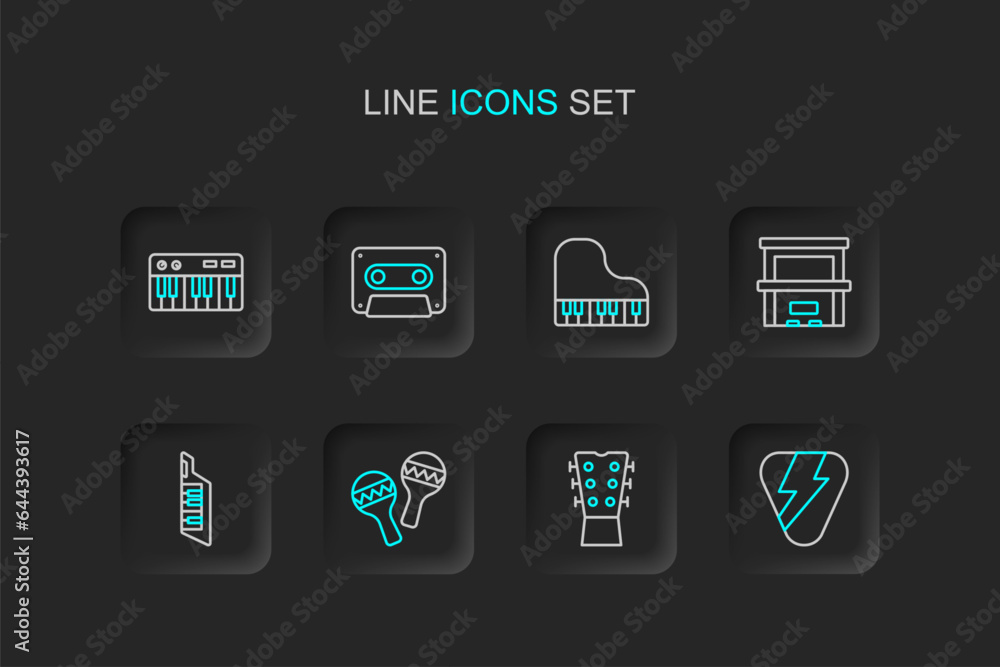 Set line Guitar pick, neck, Maracas, Keytar, Piano, Grand piano, Retro audio cassette tape and Music synthesizer icon. Vector Set line Guitar pick, neck, Maracas, Keytar, Piano, Grand piano, Retro audio cassette tape and Music synthesizer icon. Vector