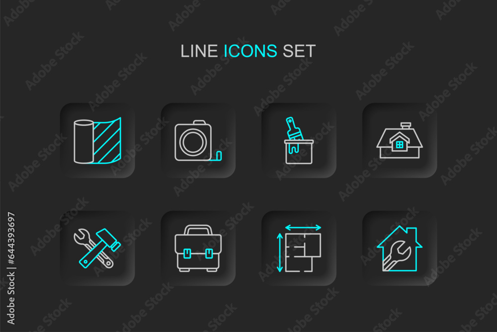 Fototapeta premium Set line House with wrench spanner, plan, Toolbox, Window in room, Paint bucket brush, Roulette construction and Wallpaper icon. Vector