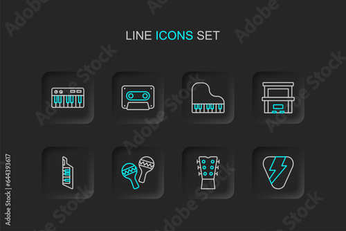 Set line Guitar pick, neck, Maracas, Keytar, Piano, Grand piano, Retro audio cassette tape and Music synthesizer icon. Vector
