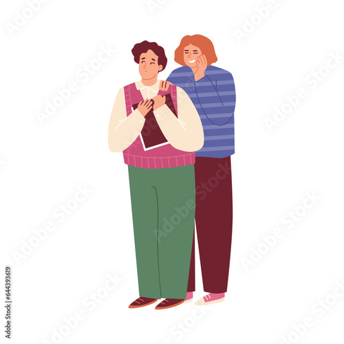 Person spreads rumors and gossip. Gossip whispers private information about others to a colleague, flat vector illustration isolated on white background.
