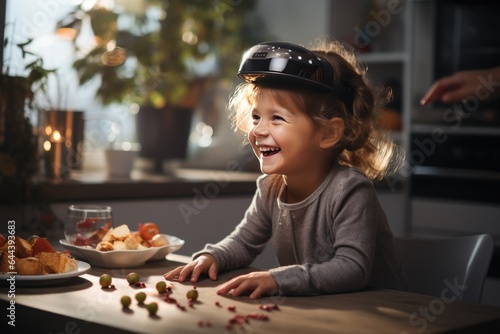 Kid happy moment with VR headset in the kitchen  Generate with Ai.