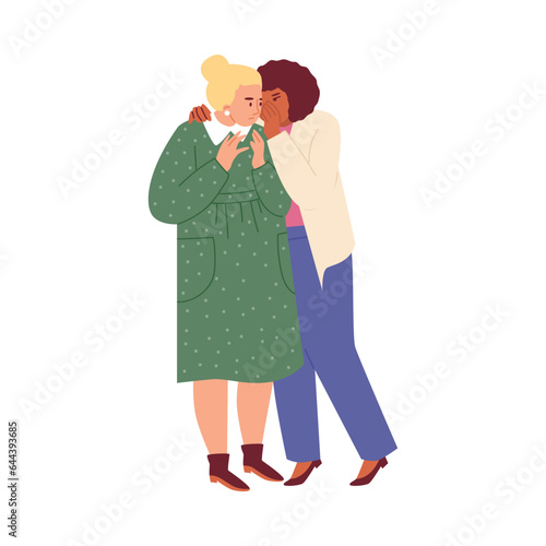 Women standing gossipping, telling, girlfriends talking, whisper secrets in ear listening to rumors vector illustration