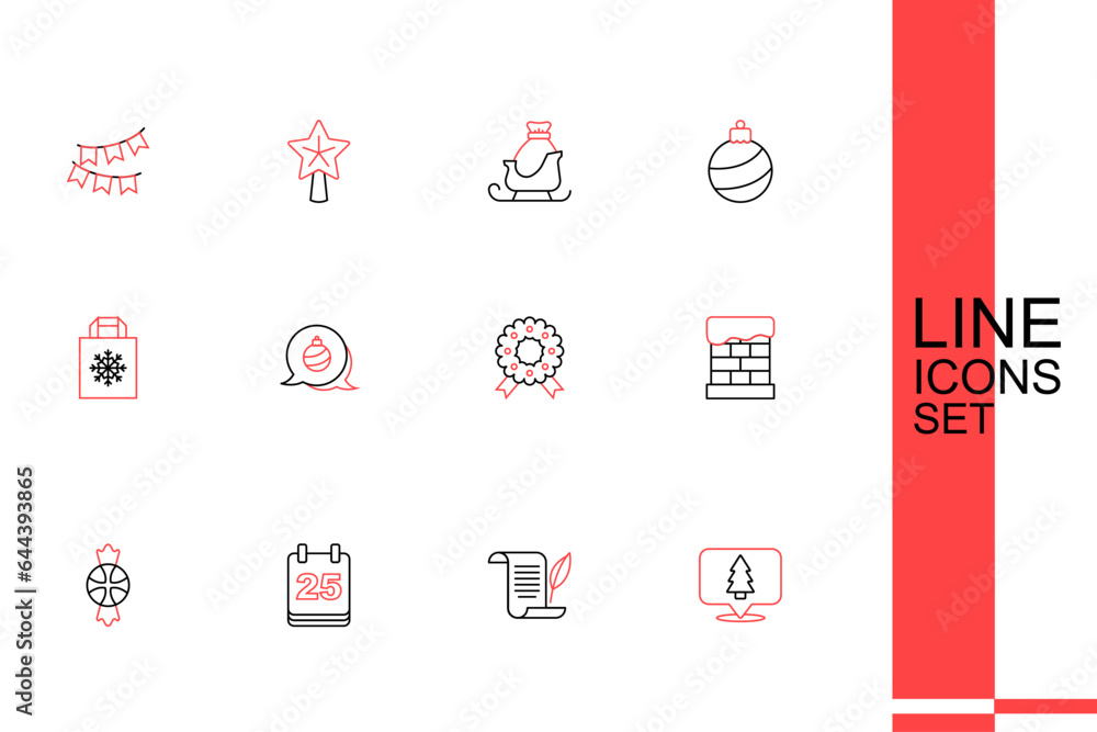 Set line Christmas tree, Envelope, day calendar, Candy, chimney, wreath, ball and shopping bag icon. Vector Set line Christmas tree, Envelope, day calendar, Candy, chimney, wreath, ball and shopping bag icon. Vector