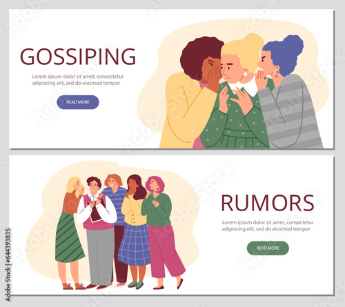 People gossiping and spreading rumors, web banners set, flat vector illustration.