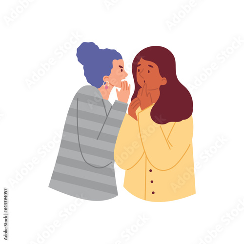 Women talking, whisper secrets cover mouth, gossipping, surprised shocked female listening to rumors vector illustration