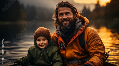portrait of a happy father with son in canoe