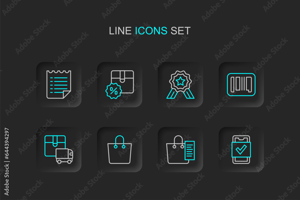 Set line Mobile shopping, Shopping list, Paper bag, Delivery cargo truck, Barcode, Stars rating, Cardboard box with discount and Wish template icon. Vector Set line Mobile shopping, Shopping list, Paper bag, Delivery cargo truck, Barcode, Stars rating, Cardboard box with discount and Wish template icon. Vector