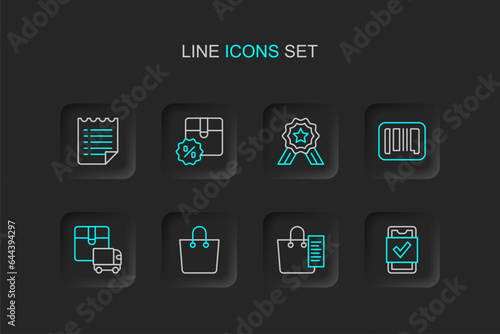 Set line Mobile shopping, Shopping list, Paper bag, Delivery cargo truck, Barcode, Stars rating, Cardboard box with discount and Wish template icon. Vector