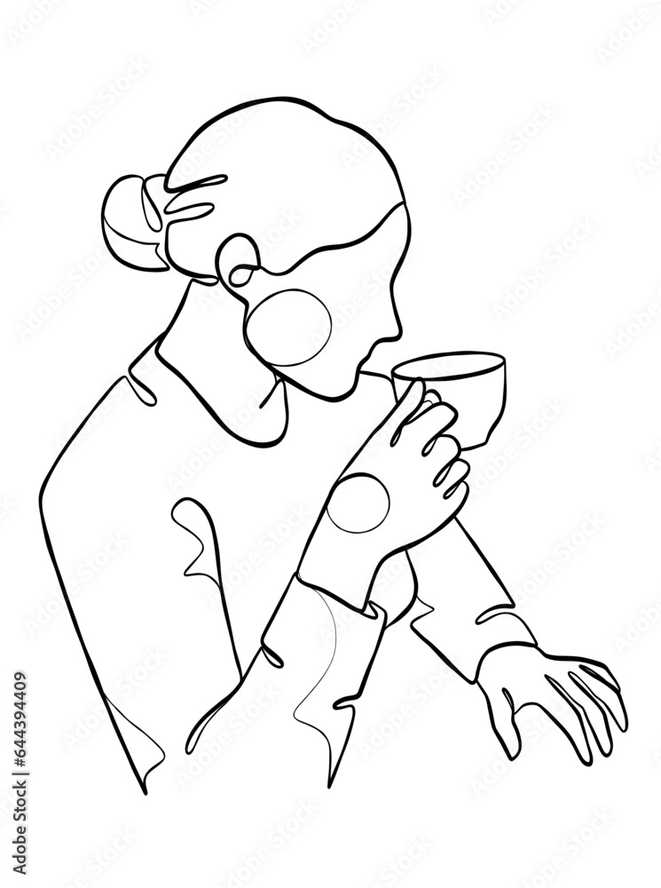 Obraz premium Continuous one line drawing of a woman holding a cup of coffee. Vector illustration.