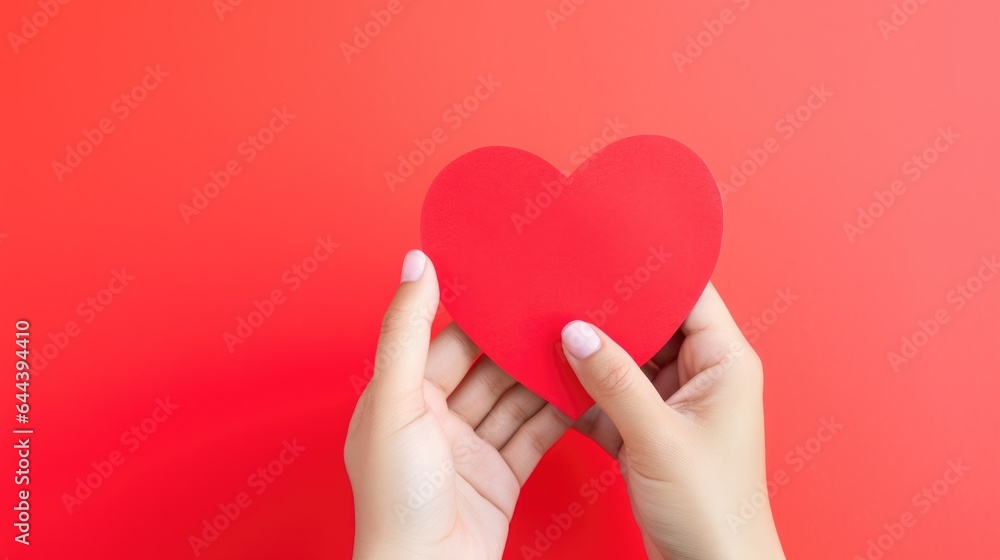 Hands holding blank paper greeting or invitation card over red background with heart shape. Christmas, Valentine day, New Year, winter holidays concept. Hands holding blank paper greeting or invitation card over red background with heart shape. Christmas, Valentine day, New Year, winter holidays concept.